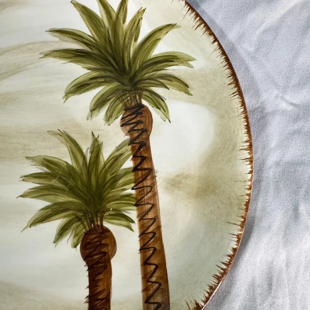 Set of 2 Z Gallerie Fiji Hand Painted Palm Tree Plates 9